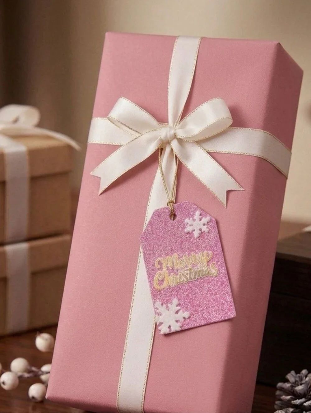 Pink Glitter Merry Christmas Gift Tag - Holiday Bag Snowflake Accent 5